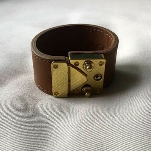 Camel color leather CC Skye Cuff Bracelet Gold Tone clasp.